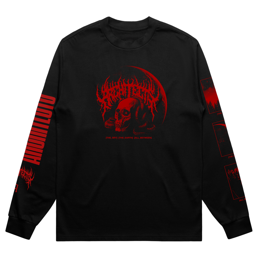 Black long-sleeve shirt with red Architects skull graphics across the front.