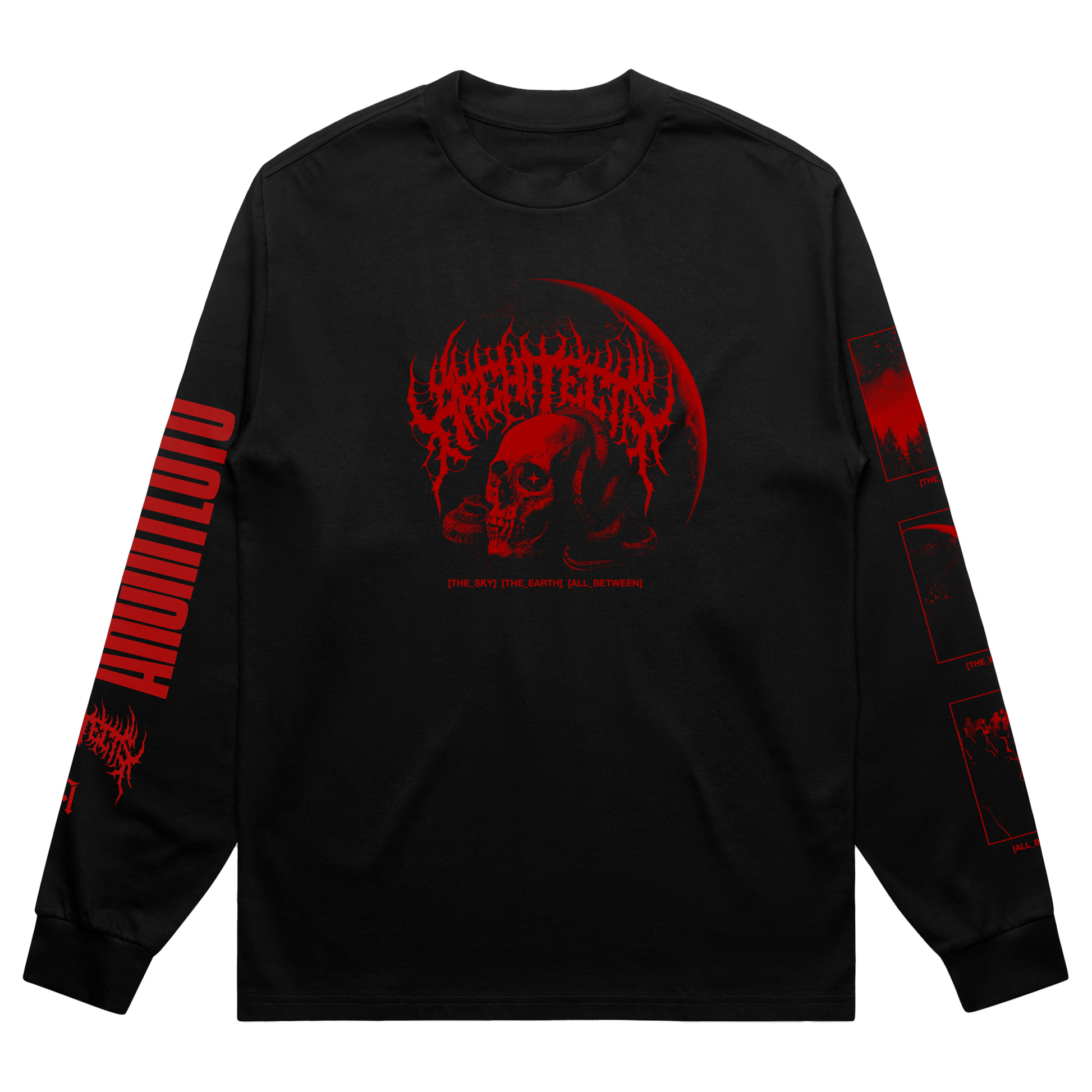 Black long-sleeve shirt with red Architects skull graphics across the front.
