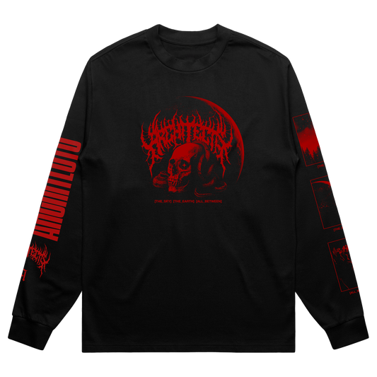 Black long-sleeve shirt with red Architects skull graphics across the front.