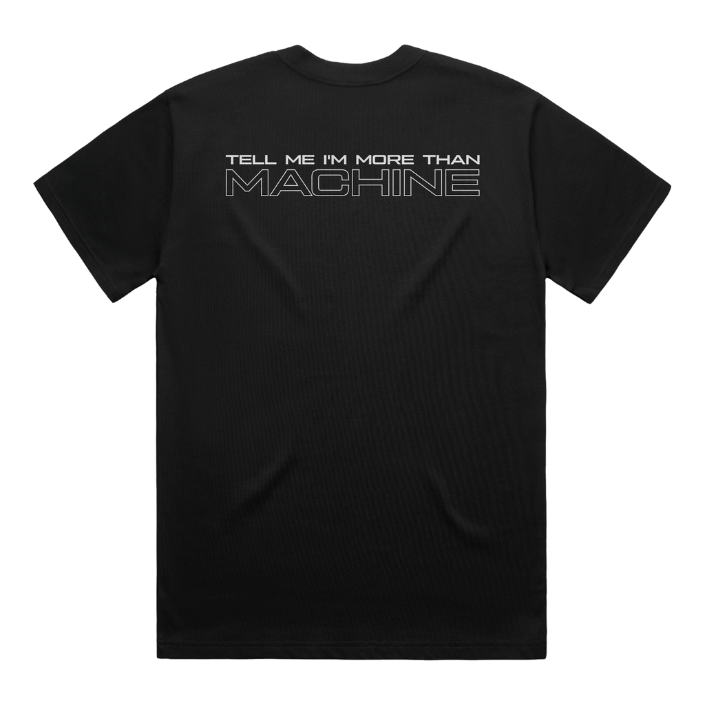 A black short-sleeve t-shirt shown from the back, featuring a white typewriter-style text graphic on the upper back.