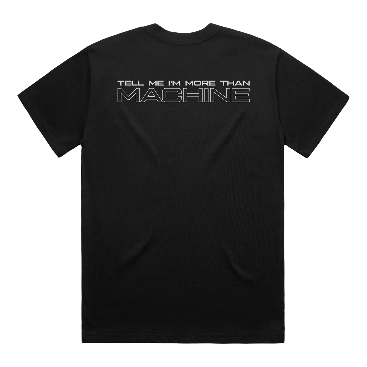 A black short-sleeve t-shirt shown from the back, featuring a white typewriter-style text graphic on the upper back.