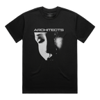 A black short-sleeve crewneck t-shirt featuring a high-contrast black and white graphic of a face on the front, with the word 'ARCHITECTS' printed in white above it.