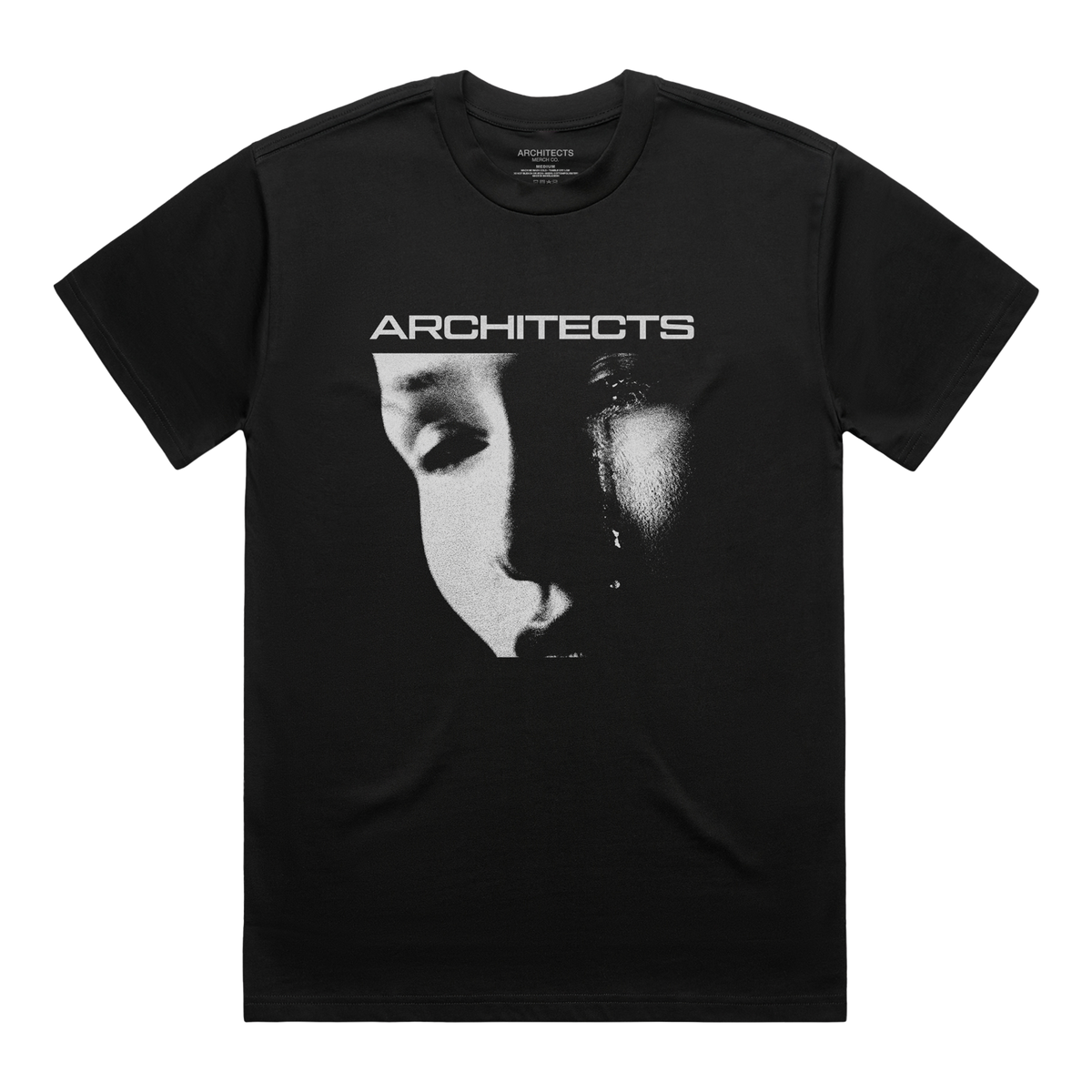 A black short-sleeve crewneck t-shirt featuring a high-contrast black and white graphic of a face on the front, with the word 'ARCHITECTS' printed in white above it.