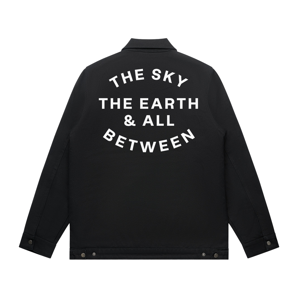 Black canvas jacket featuring white Architects text print on the front right chest and The Sky, the Earth and All Between text print across the back.