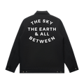 Black canvas jacket featuring white Architects text print on the front right chest and The Sky, the Earth and All Between text print across the back.