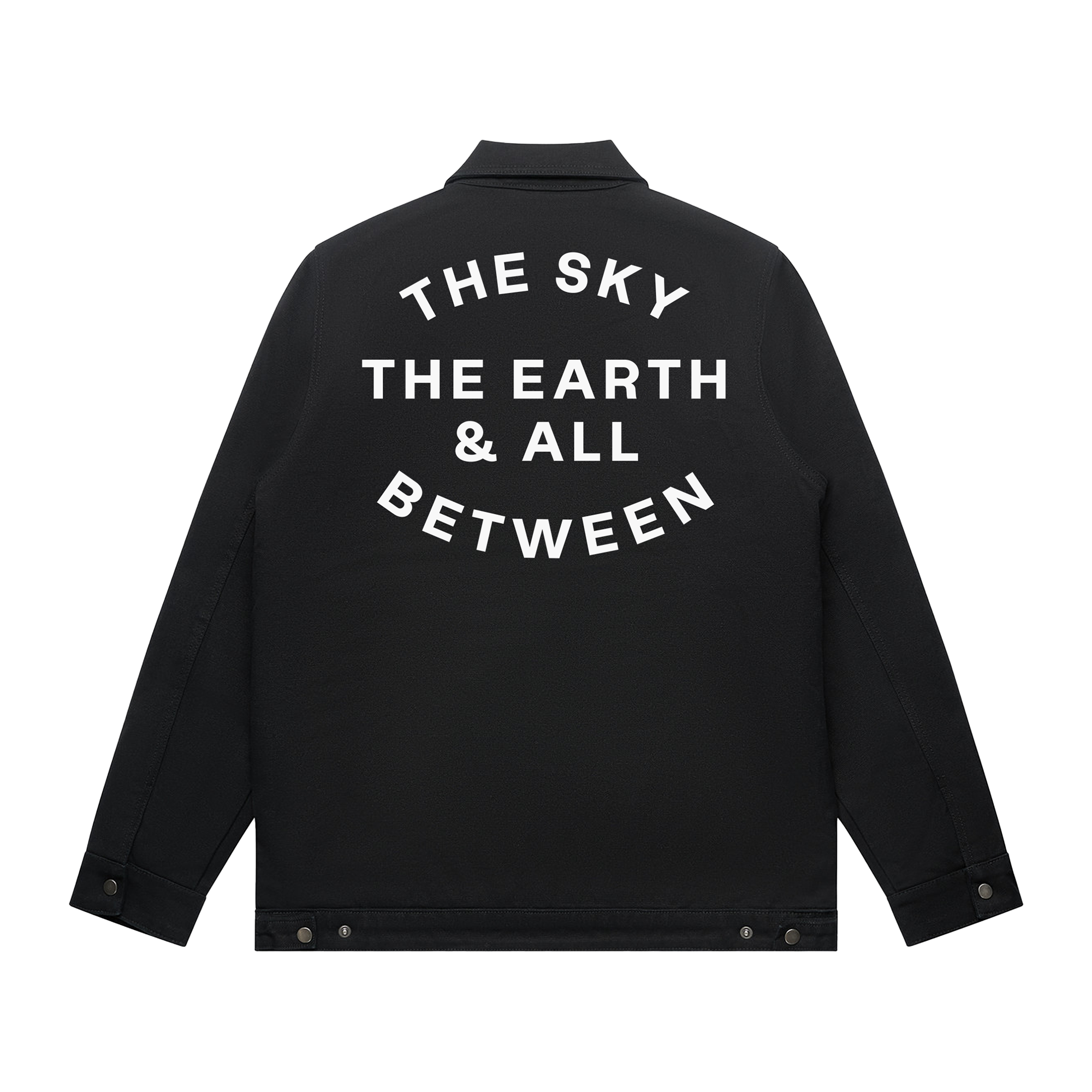 Black canvas jacket featuring white Architects text print on the front right chest and The Sky, the Earth and All Between text print across the back.