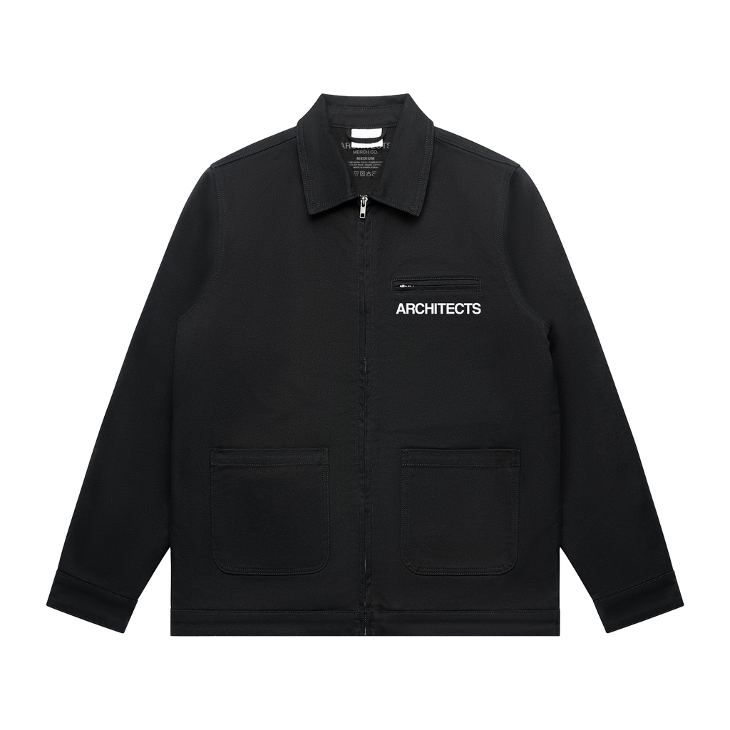 Black canvas jacket featuring white Architects text print on the front right chest and The Sky, the Earth and All Between text print across the back.