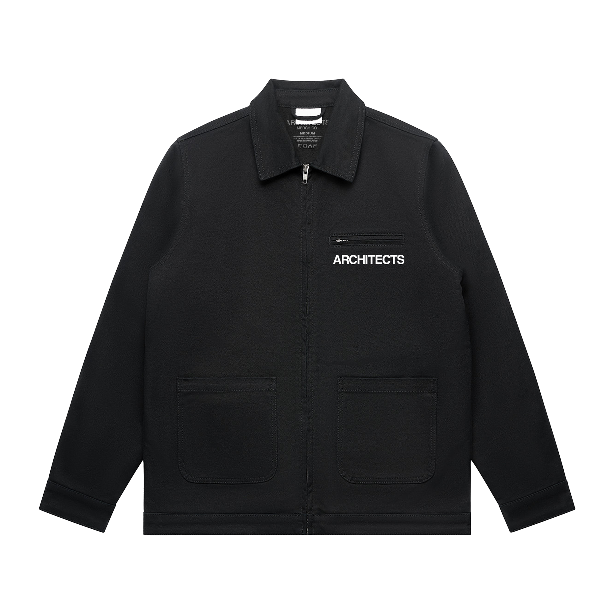 Black canvas jacket featuring white Architects text print on the front right chest and The Sky, the Earth and All Between text print across the back.