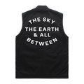 Black sleeveless canvas vest featuring white Architects The Sky, the Earth and All Between text print across the back.