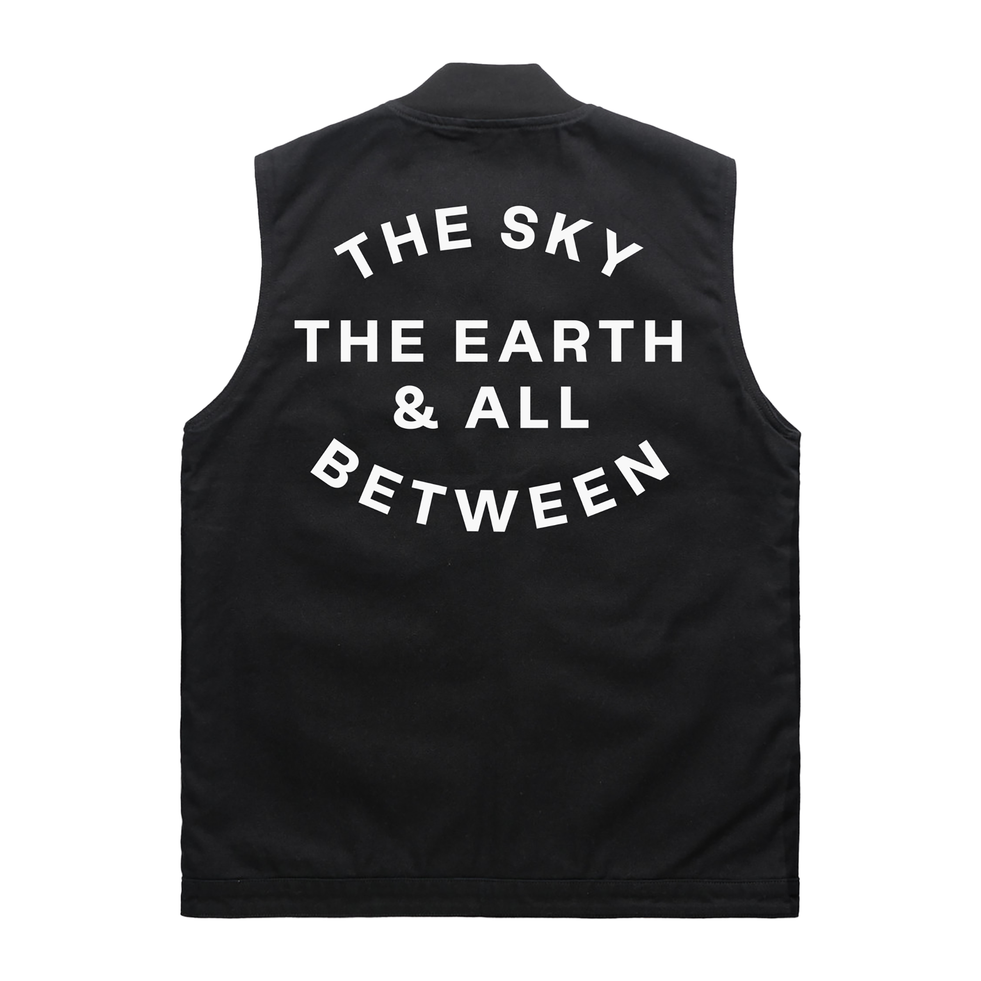 Black sleeveless canvas vest featuring white Architects The Sky, the Earth and All Between text print across the back.