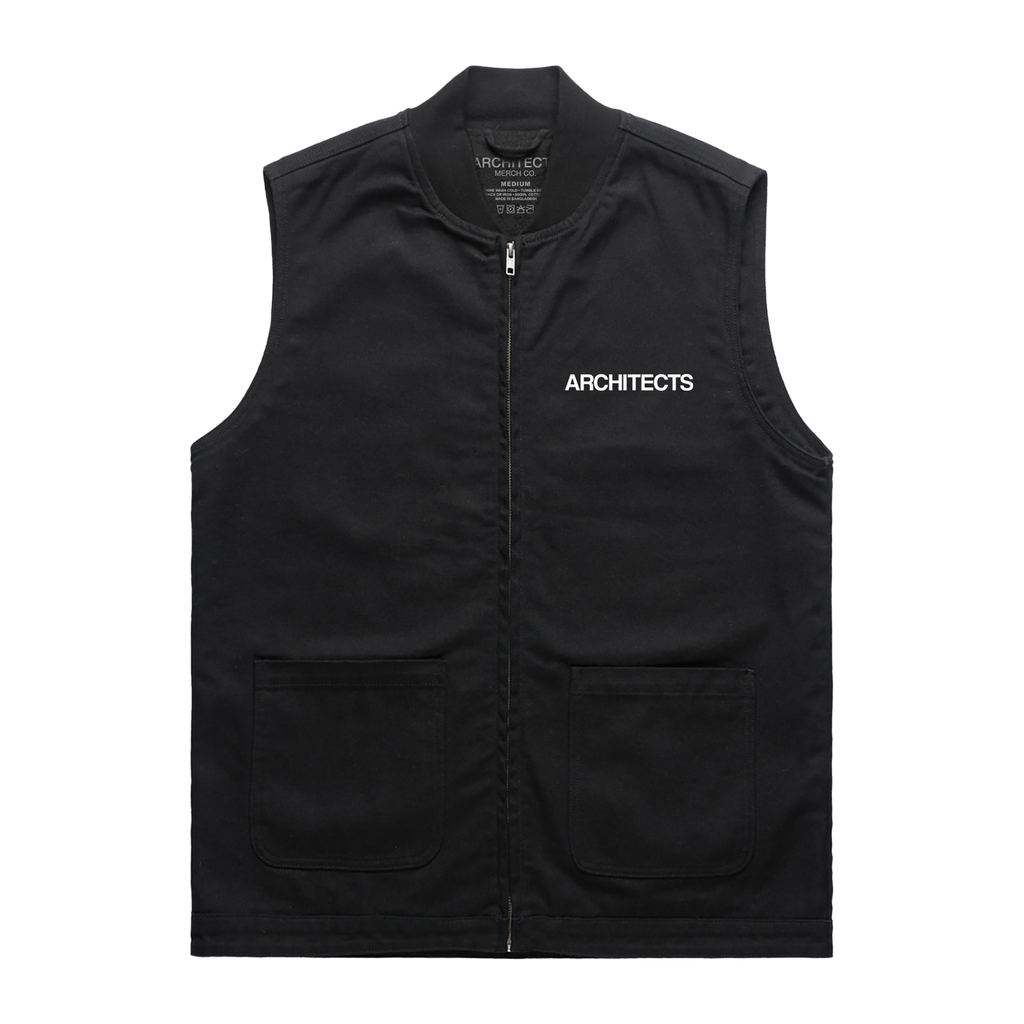 Black sleeveless canvas vest featuring white Architects text print on the front right chest.