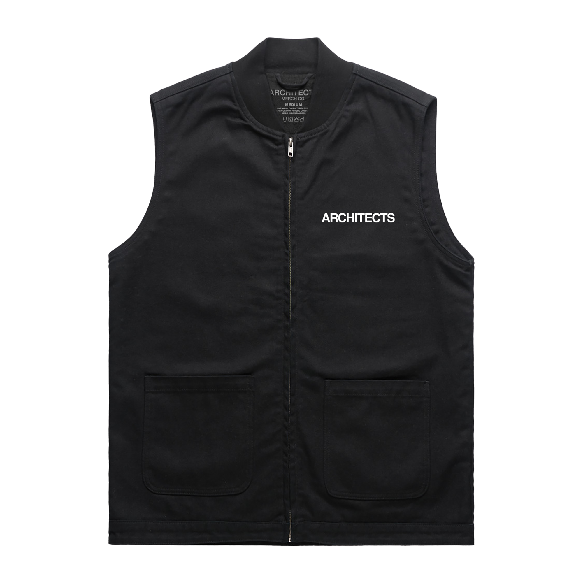 Black sleeveless canvas vest featuring white Architects text print on the front right chest.