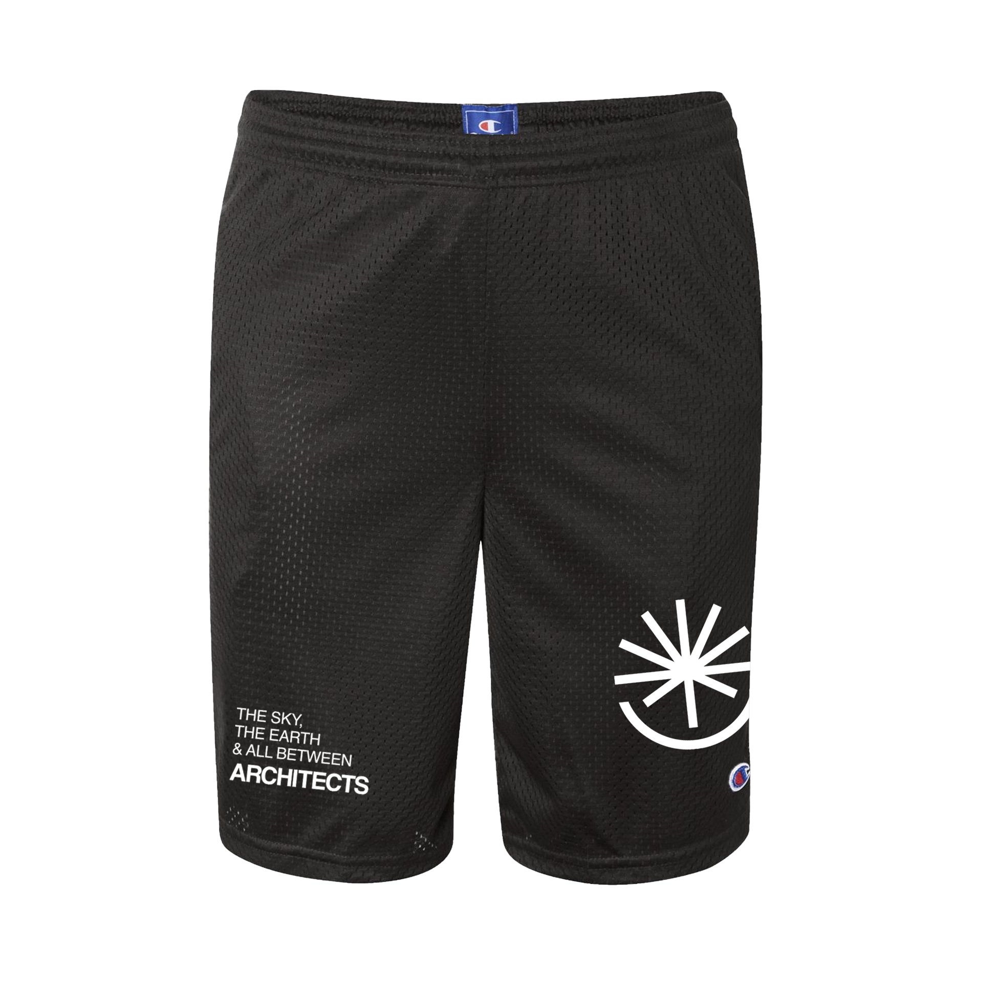 Front view of black mesh shorts featuring white text on the lower right leg that reads 'The Sky, The Earth & All Between', with 'Architects' in white on the left leg. A small Champion logo appears below the graphic. 