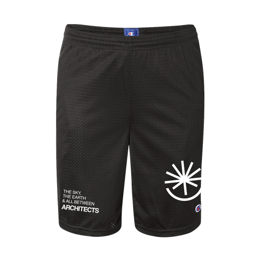 Front view of black mesh shorts featuring white text on the lower right leg that reads 'The Sky, The Earth & All Between', with 'Architects' in white on the left leg. A small Champion logo appears below the graphic. 