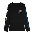 Black unisex long-sleeve T-shirt featuring a pink 'Are You Happy Now' print on the chest, with white and blue Architects prints along the sleeves.







