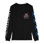 Black unisex long-sleeve T-shirt featuring a pink 'Are You Happy Now' print on the chest, with white and blue Architects prints along the sleeves.







