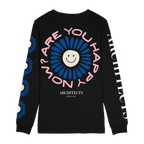 Black unisex long-sleeve T-shirt featuring a blue flower 'Are You Happy Now' print across the back, with white and blue Architects prints along the sleeves.
