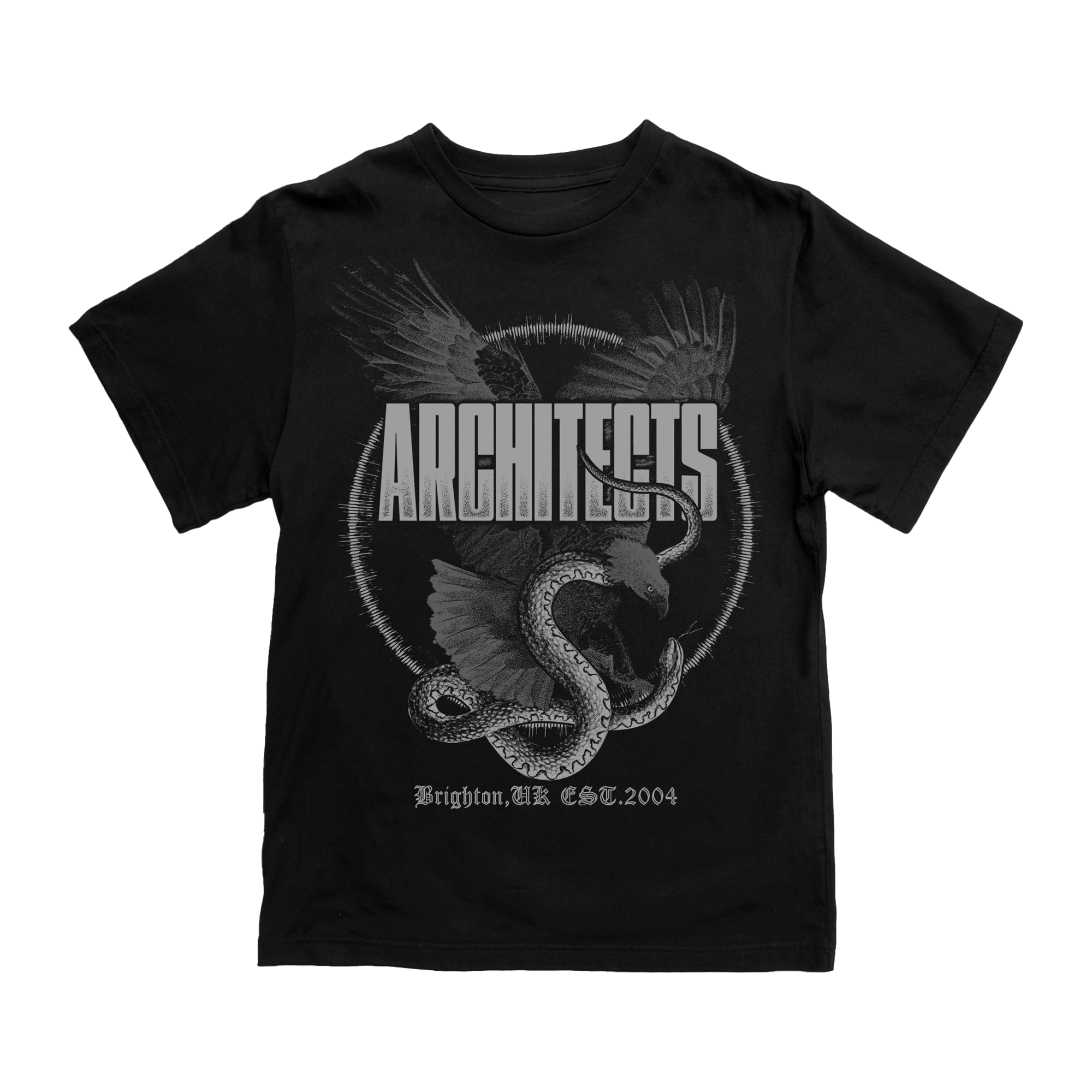 Black unisex short-sleeve T-Shirt featuring a grey Architects Snake and Eagle print across the front.