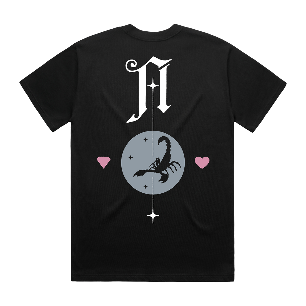 Black short-sleeve unisex T-Shirt with Architects Scorpio Heart print across the back