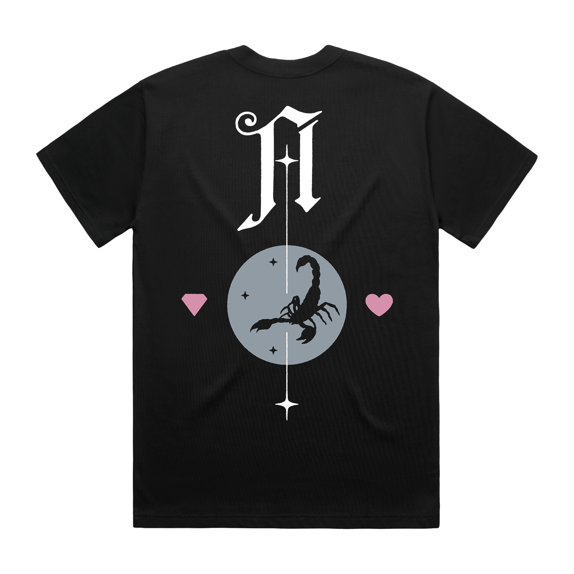 Black short-sleeve unisex T-Shirt with Architects Scorpio Heart print across the back