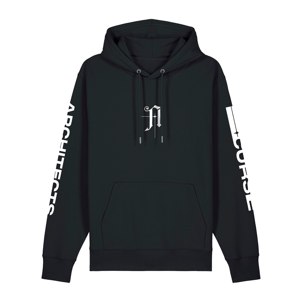 Black unisex hoodie featuring the Architects 'A' print on the front, Architects text along the right arm, and "Curse" text print along the left arm.