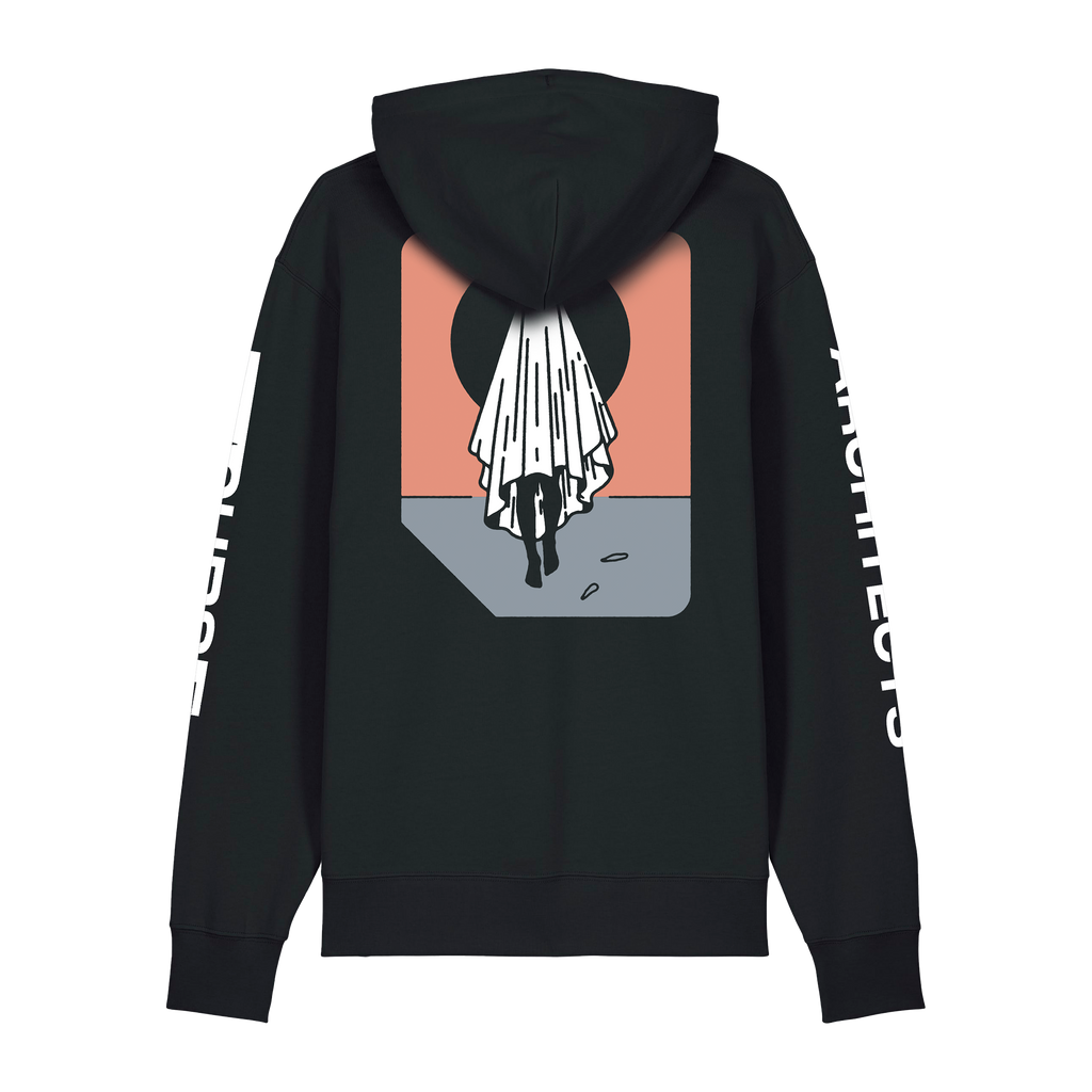 Black unisex hoodie featuring the Architects 'ghost' print on the back, Architects text along the right arm, and "Curse" text print along the left arm.