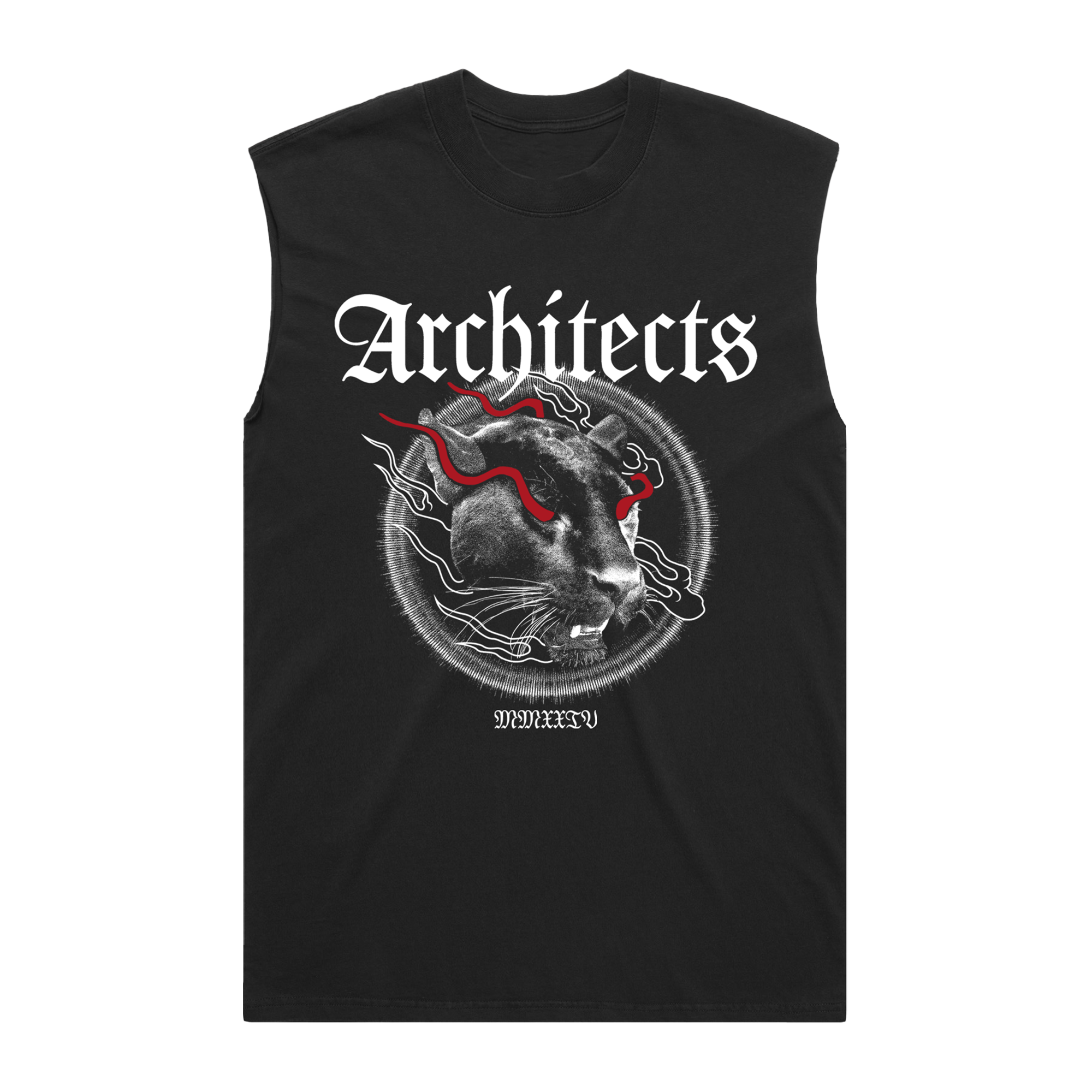 Black unisex sleeveless tank top with Architects panther print across the front