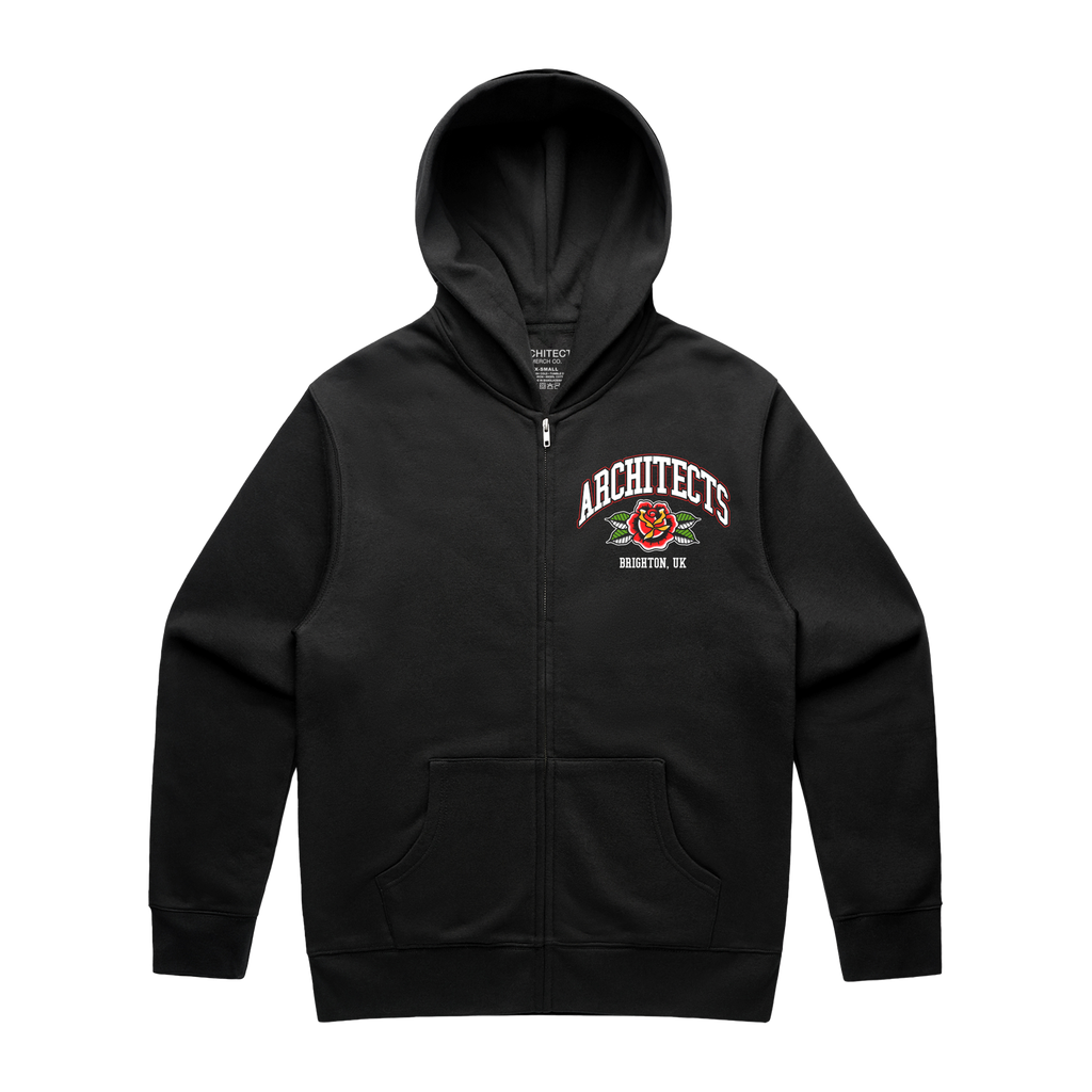Black unisex zip-up hoodie with Architects Floral Panther print on the front right chest. 