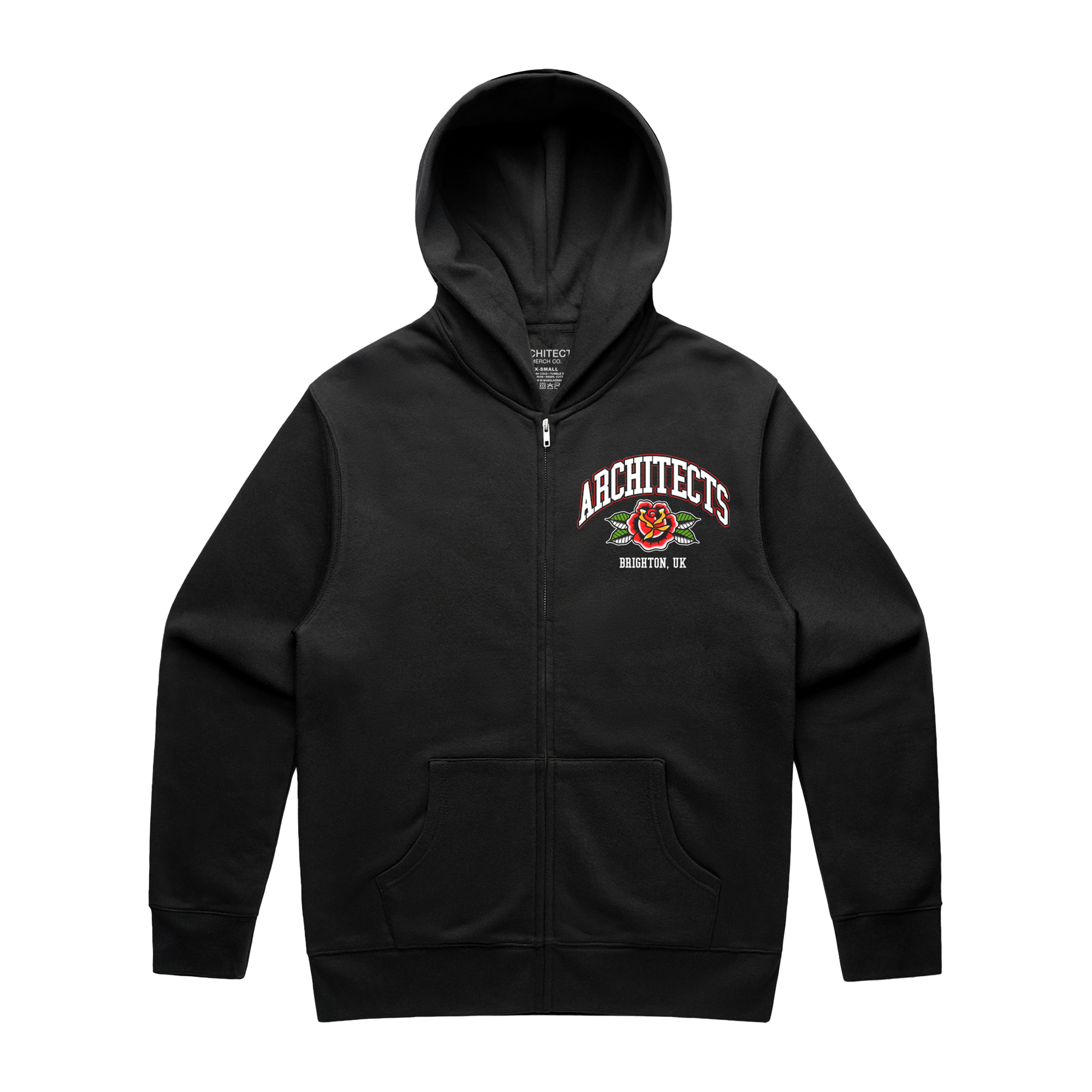 Black unisex zip-up hoodie with Architects Floral Panther print on the front right chest. 