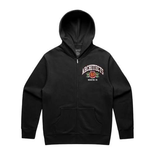 Black unisex zip-up hoodie with Architects Floral Panther print on the front right chest. 