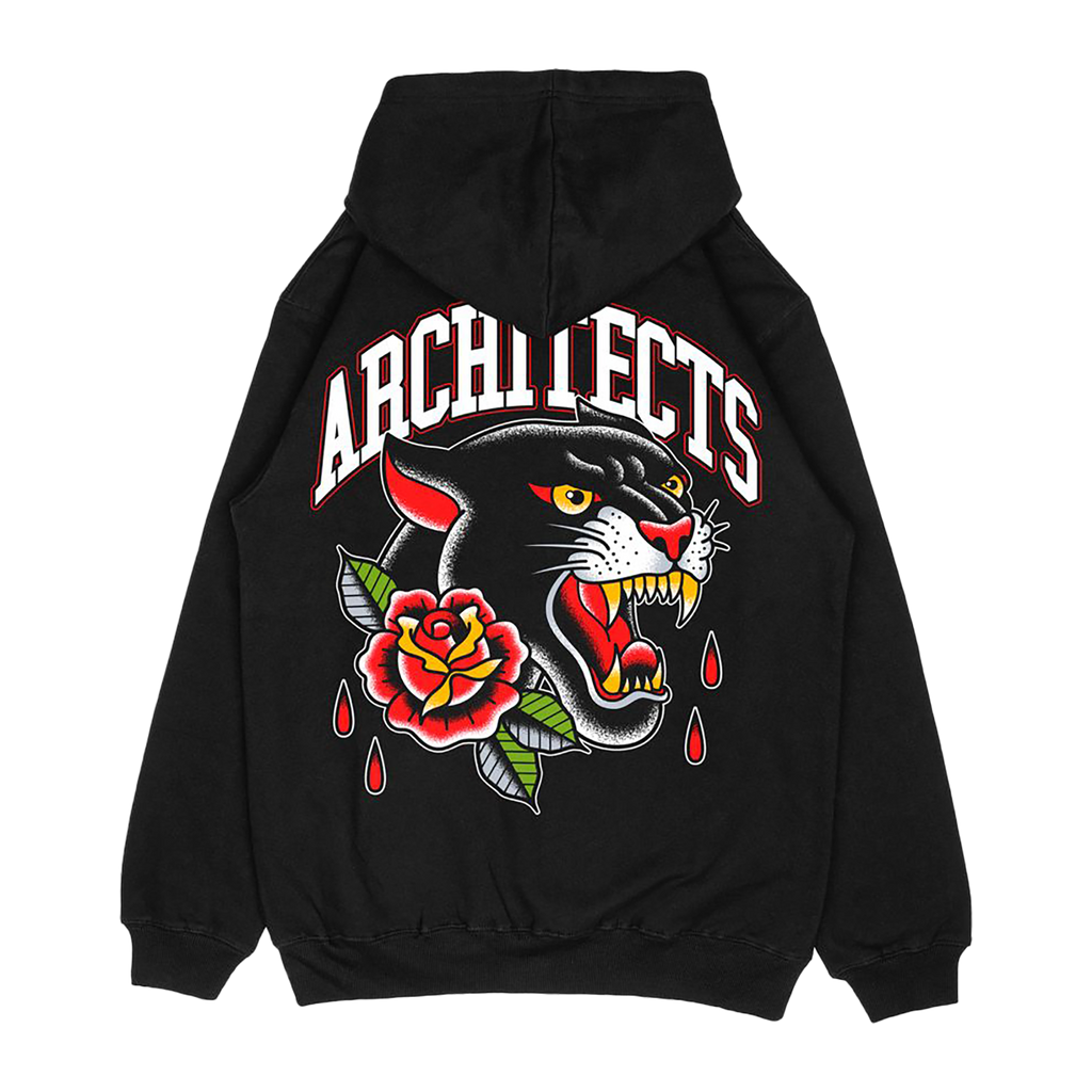 Black unisex zip-up hoodie with Architects Floral Panther print across the back