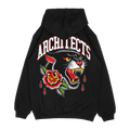 Black unisex zip-up hoodie with Architects Floral Panther print across the back