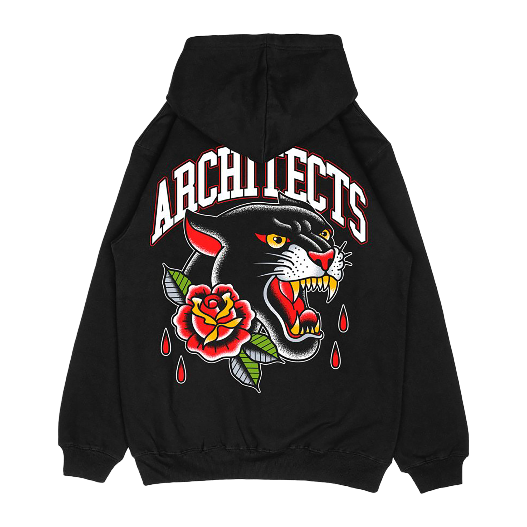 Black unisex zip-up hoodie with Architects Floral Panther print across the back