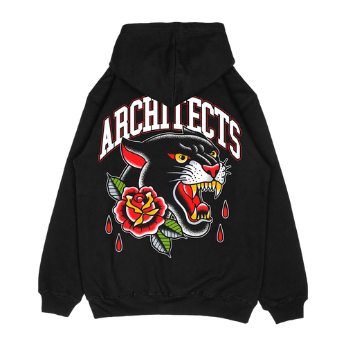 Black unisex zip-up hoodie with Architects Floral Panther print across the back