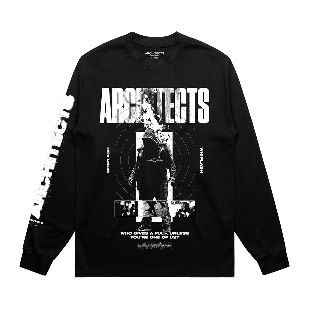 Black long-sleeve regular fit t-shirt with Architects 'Who gives a F*ck unless you're one of us' Whiplash print across the front, and Architects logo across the sleeve 