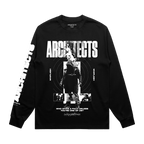 Black long-sleeve regular fit t-shirt with Architects 'Who gives a F*ck unless you're one of us' Whiplash print across the front, and Architects logo across the sleeve 