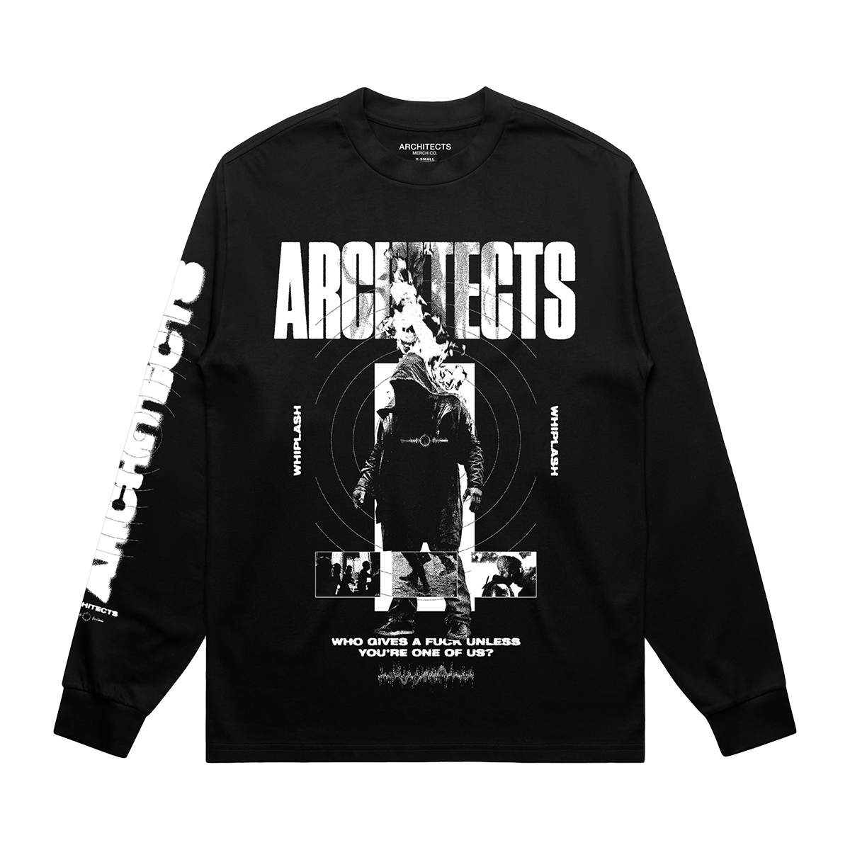 Black long-sleeve regular fit t-shirt with Architects 'Who gives a F*ck unless you're one of us' Whiplash print across the front, and Architects logo across the sleeve 