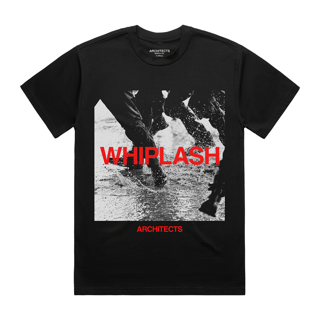 Black short-sleeve unisex T-shirt featuring a grey and red Architects "Whiplash" print across the front.