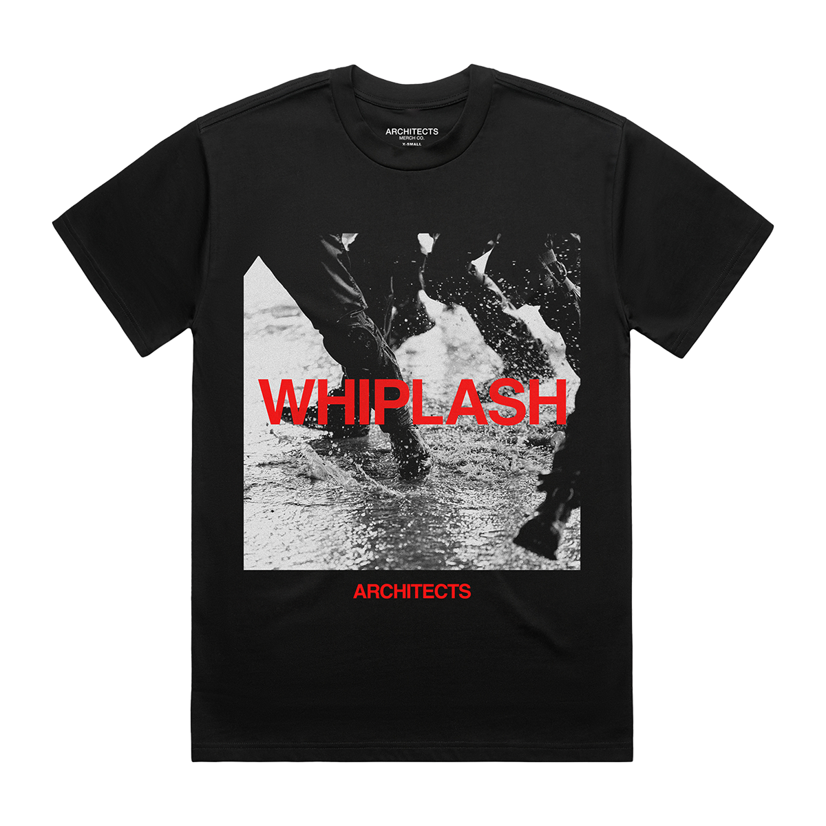 Black short-sleeve unisex T-shirt featuring a grey and red Architects "Whiplash" print across the front.