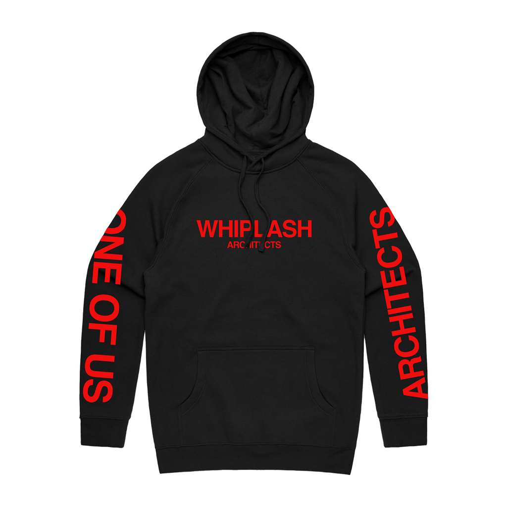 Black regular-fit hoodie with red Architects 'Whiplash' print across the front and 'One of Us' print across the sleeves. 