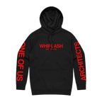Black regular-fit hoodie with red Architects 'Whiplash' print across the front and 'One of Us' print across the sleeves. 