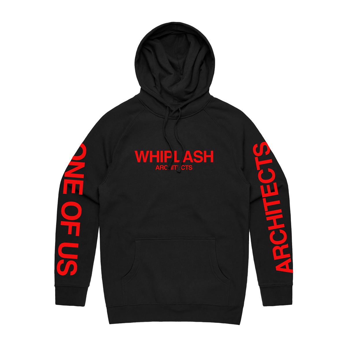 Black regular-fit hoodie with red Architects 'Whiplash' print across the front and 'One of Us' print across the sleeves. 
