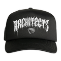 Black trucker cap with white Architects print across the front