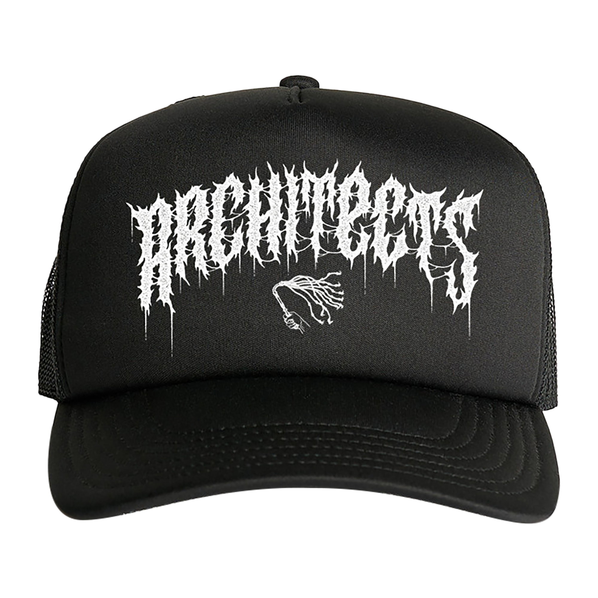 Black trucker cap with white Architects print across the front