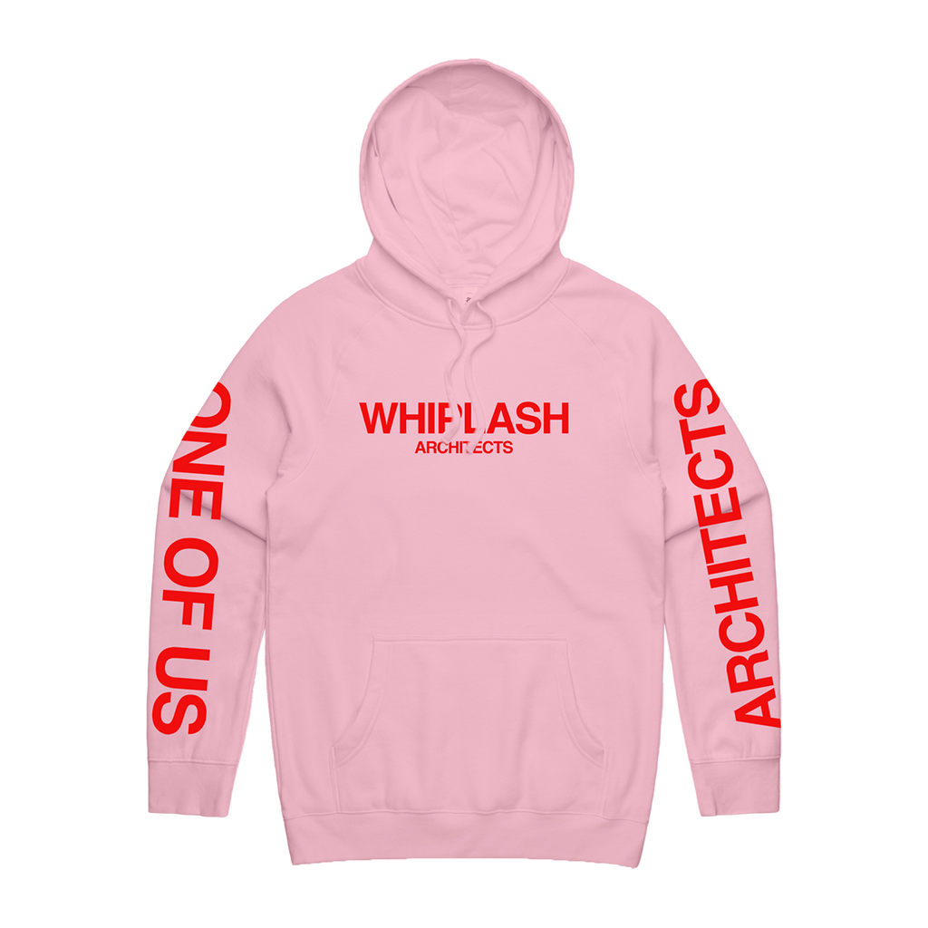 Pink regular-fit hoodie with red Architects 'Whiplash' print across the front and 'One of Us' print across the sleeves. 