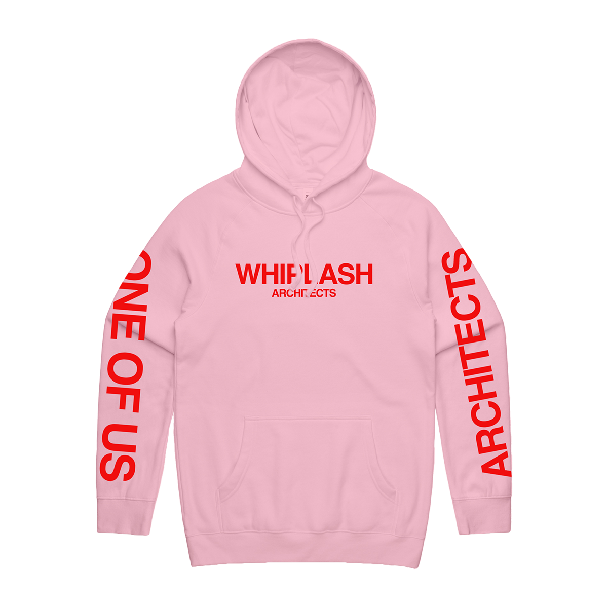 Pink regular-fit hoodie with red Architects 'Whiplash' print across the front and 'One of Us' print across the sleeves. 
