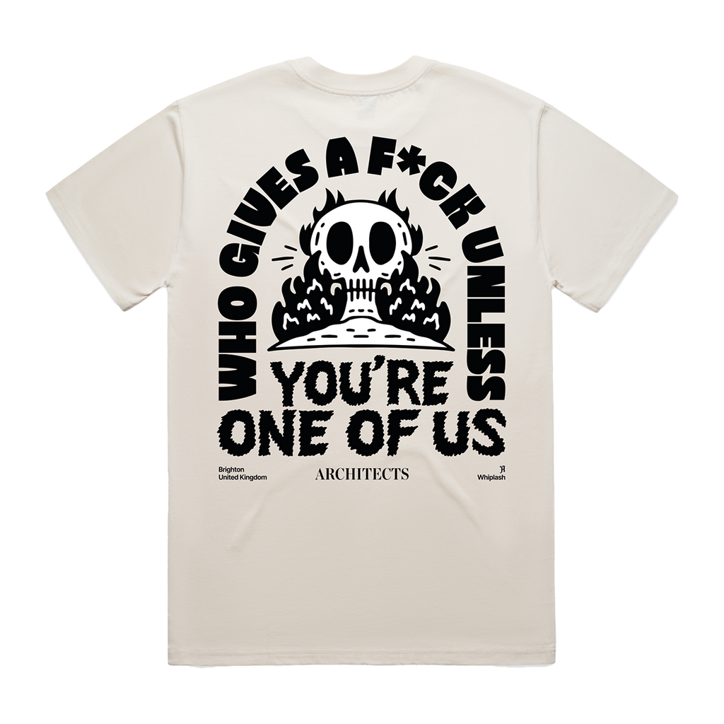 Ecru unisex short-sleeve T-Shirt featuring an Architects "Who Gives a Fuck" across the back.