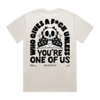 Ecru unisex short-sleeve T-Shirt featuring an Architects "Who Gives a Fuck" across the back.