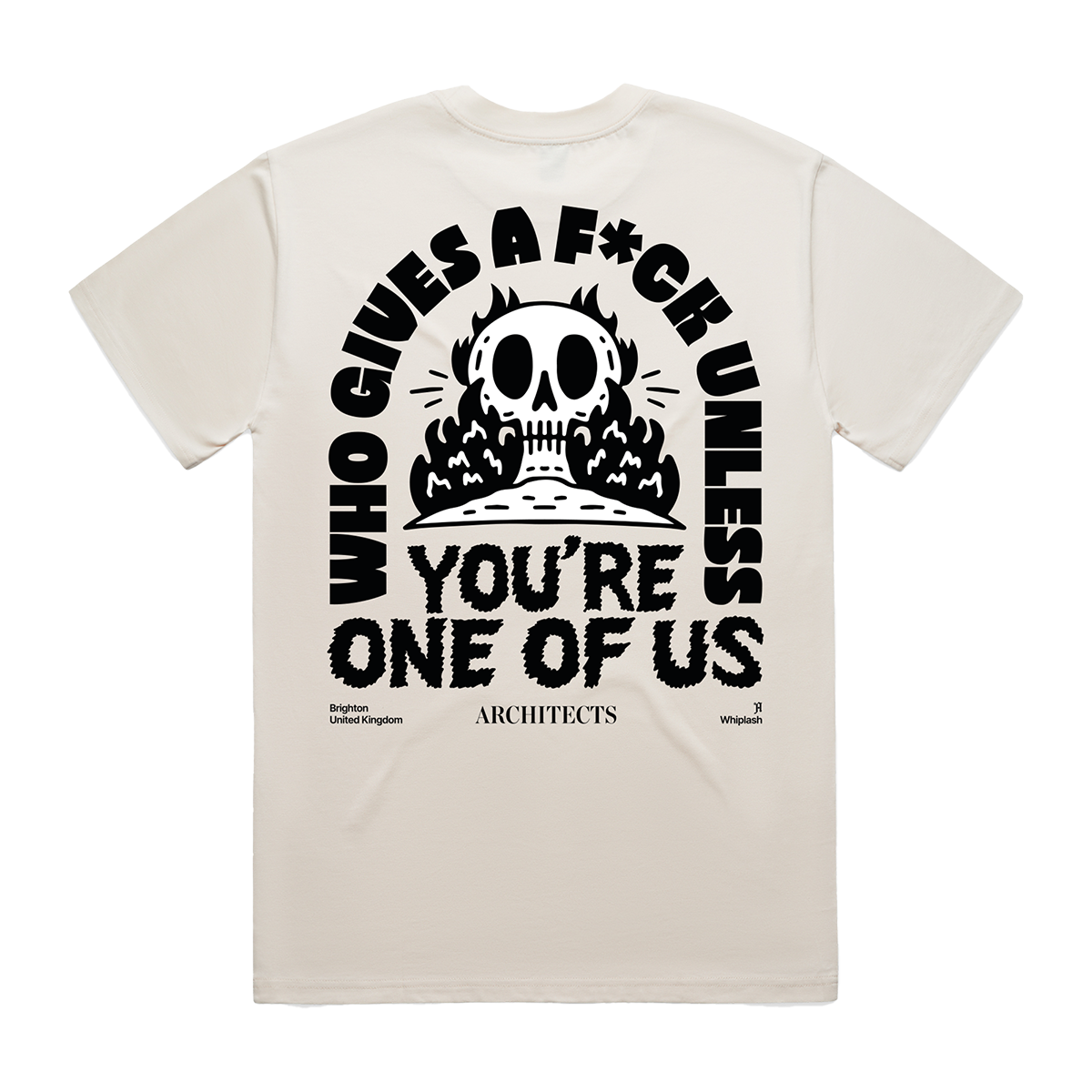 Ecru unisex short-sleeve T-Shirt featuring an Architects "Who Gives a Fuck" across the back.