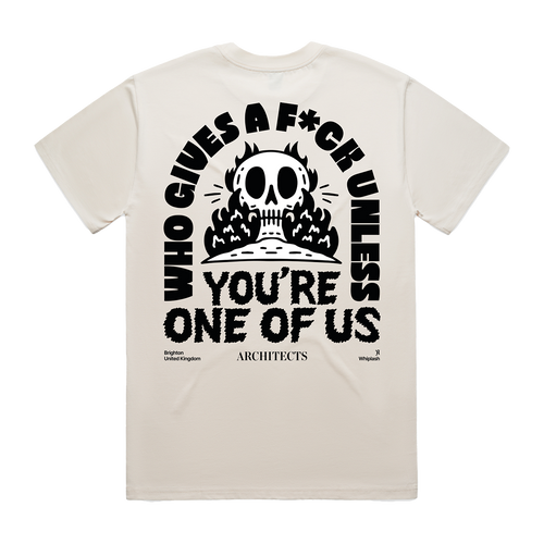 Ecru unisex short-sleeve T-Shirt featuring an Architects "Who Gives a Fuck" across the back.